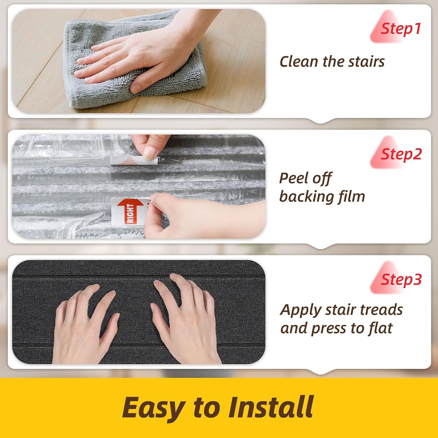 JSEI Stair Treads for Wooden Steps Indoor, 15-Pack Non Slip Stair Treads 30" x 8", Washable Polyester Stair Mats with TPE Backing, Low Profile Stair Rugs for Kids, Seniors and Dogs, Brown