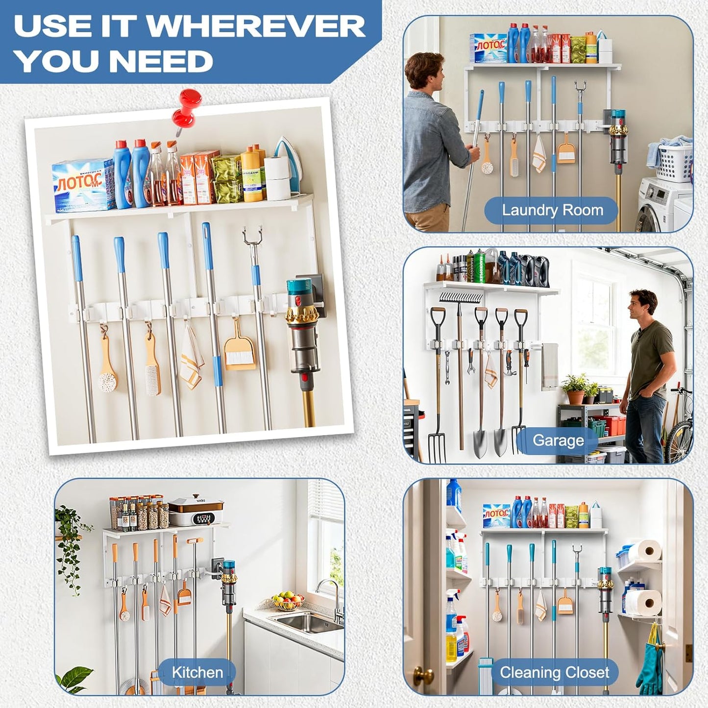 Broom Holder Wall Mount with Cleaning Supplies Organizer, Laundry Room Organization and Storage Shelf with Mop Hanger Rack Gripper Hooks, Utility Shelf Closet Organizer Floating Shelves for Garage