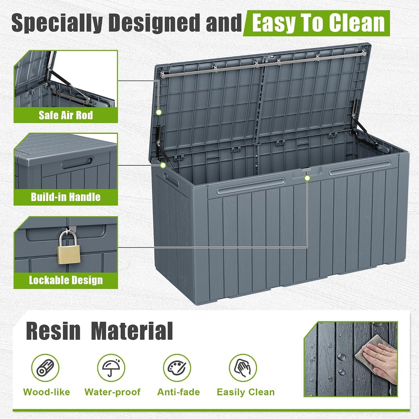 Flamaker Resin Deck Box 120 Gallon Waterproof Large Outdoor Indoor Storage Box Imitation Wood Resin for Patio Furniture Garden Tools and Pool (Black)