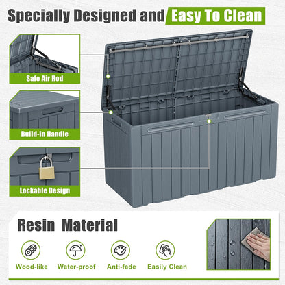 Flamaker Resin Deck Box 120 Gallon Waterproof Large Outdoor Indoor Storage Box Imitation Wood Resin for Patio Furniture Garden Tools and Pool (Black)
