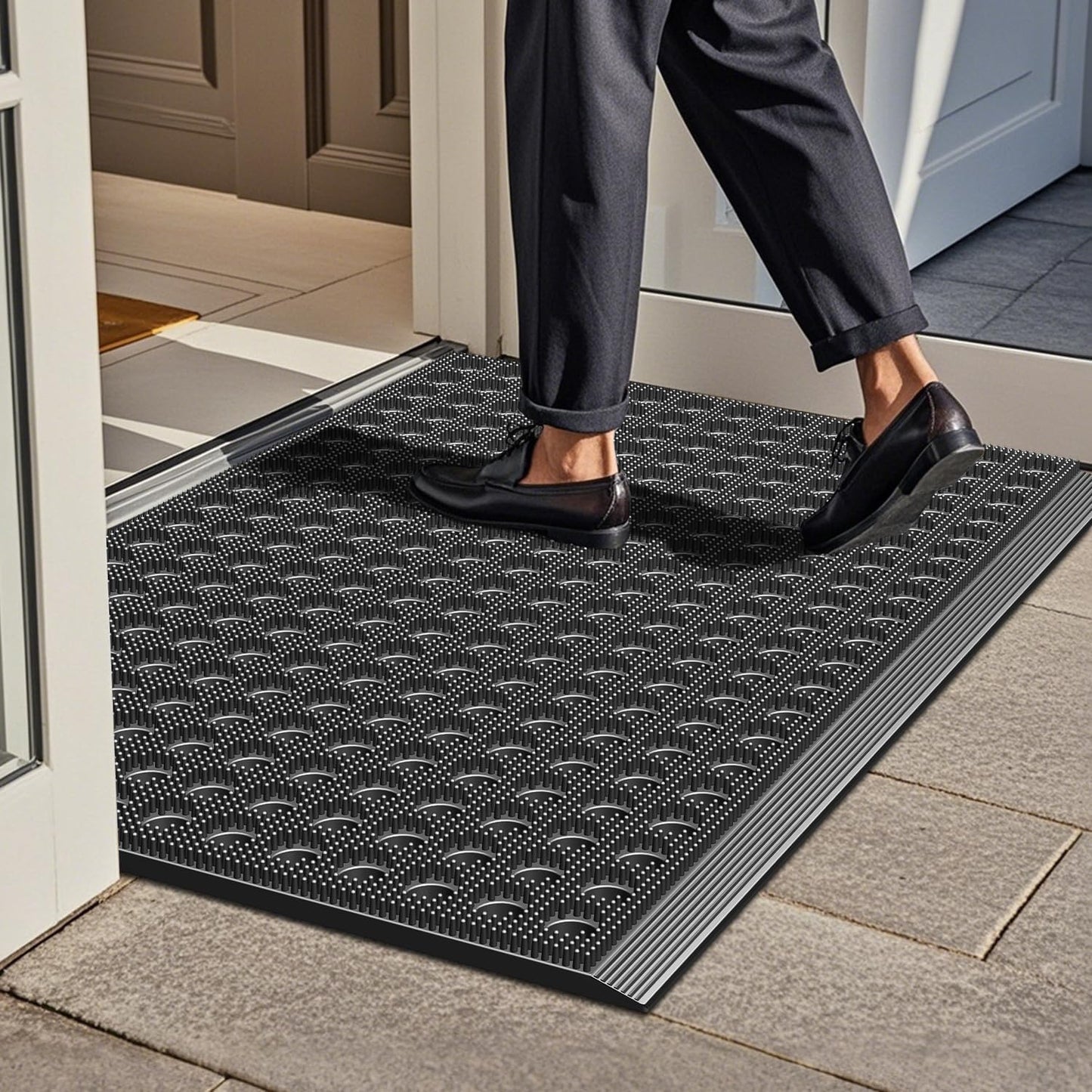 Mibao Front Door Mat Outside Entrance, Heavy Duty Welcome Rubber Doormat Waterproof, All Weather Dirt Trapper Non-Slip Drainage Doormat, Entry Mat for Garage Home Pool Commercial, 17" x 29.5", Black