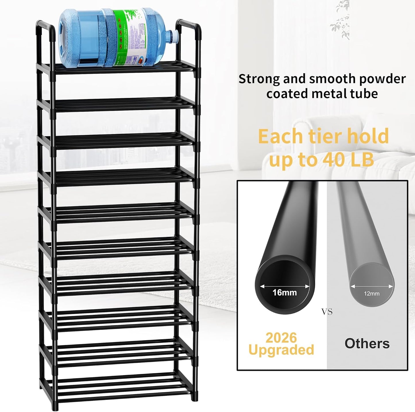 Shoe Rack, 10 Tier Shoe Storage Organizer with Hooks,Fit 40-45 Pairs Shoes,Metal Tall Shoe Shelf for Closet,Entryway, Hallway,Garage,Bedroom,Cloakroom
