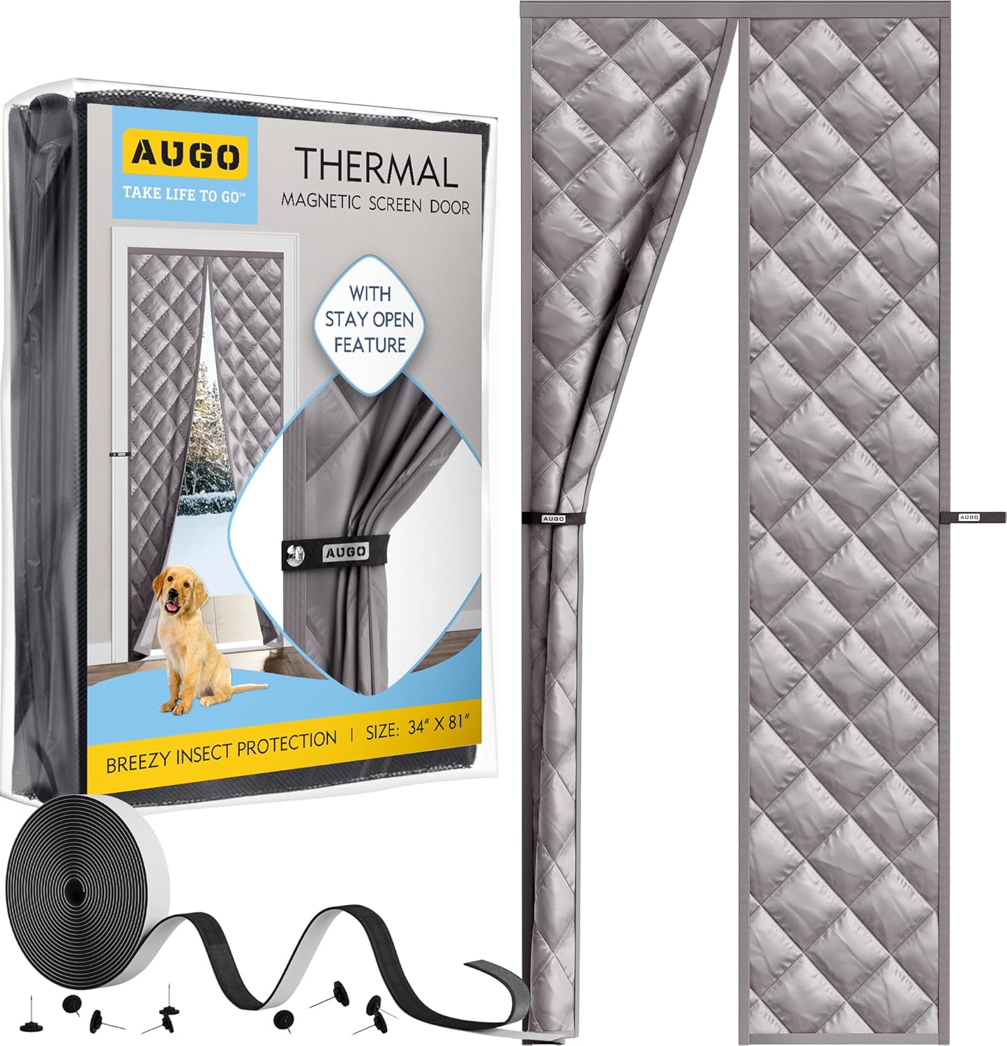 AUGO Heavy Duty Magnetic Screen Door – Fiberglass Pet Resistant Mesh, Self Sealing Hands Free Magnetic Closure, Tear Resistant Door Screen Keeps Bugs Out, Patent Pending Keep Open Feature – 38” x 83”