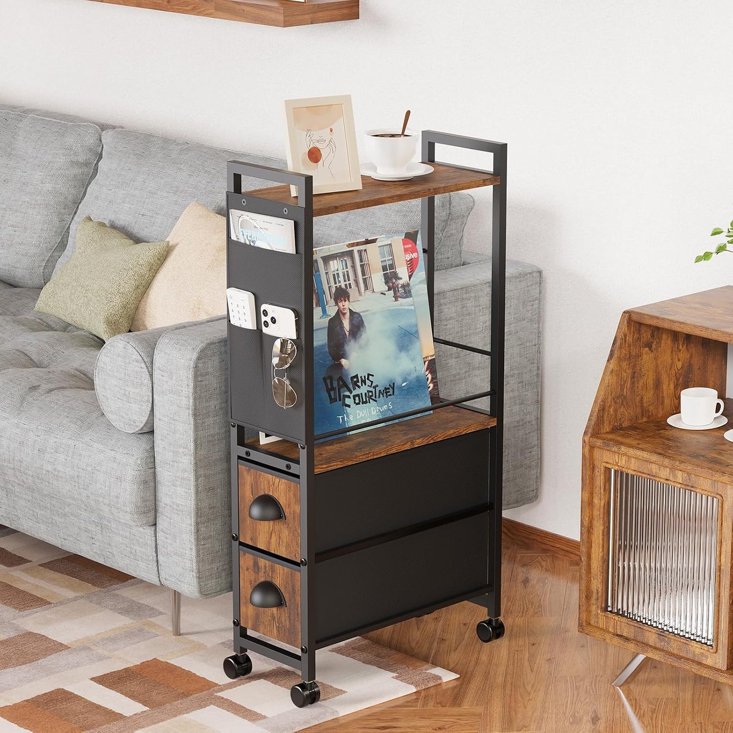Oppro Small Narrow Side End Table, 2 Drawer Slim Nightstand Bedside Sofa Table with Wheels, Space Saving Rolling Skinny Thin Desk with Storage Bag for Bedroom Living Room Couch Bathroom Dorm