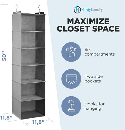 Handy Laundry Hanging Closet Organizer - 6 Shelf Storage for Clothes, Sweaters, Shoes & Accessories - Space-Saving Wardrobe Shelves with Hooks for Dorm, RV & Small Closet Organization (Beige)