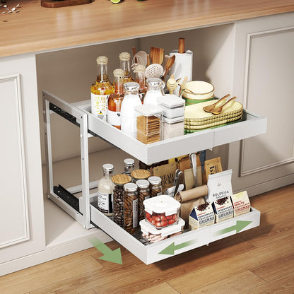 Abalter Expandable Pull Out Cabinet Organizer, 2-Tier Slide Out Drawer for Kitchen Cabinets, Adjustable Width 12–18.5", Slide Out Shelves for Kitchen, Bathroom, Pantry, Heavy Duty Caddy(White)