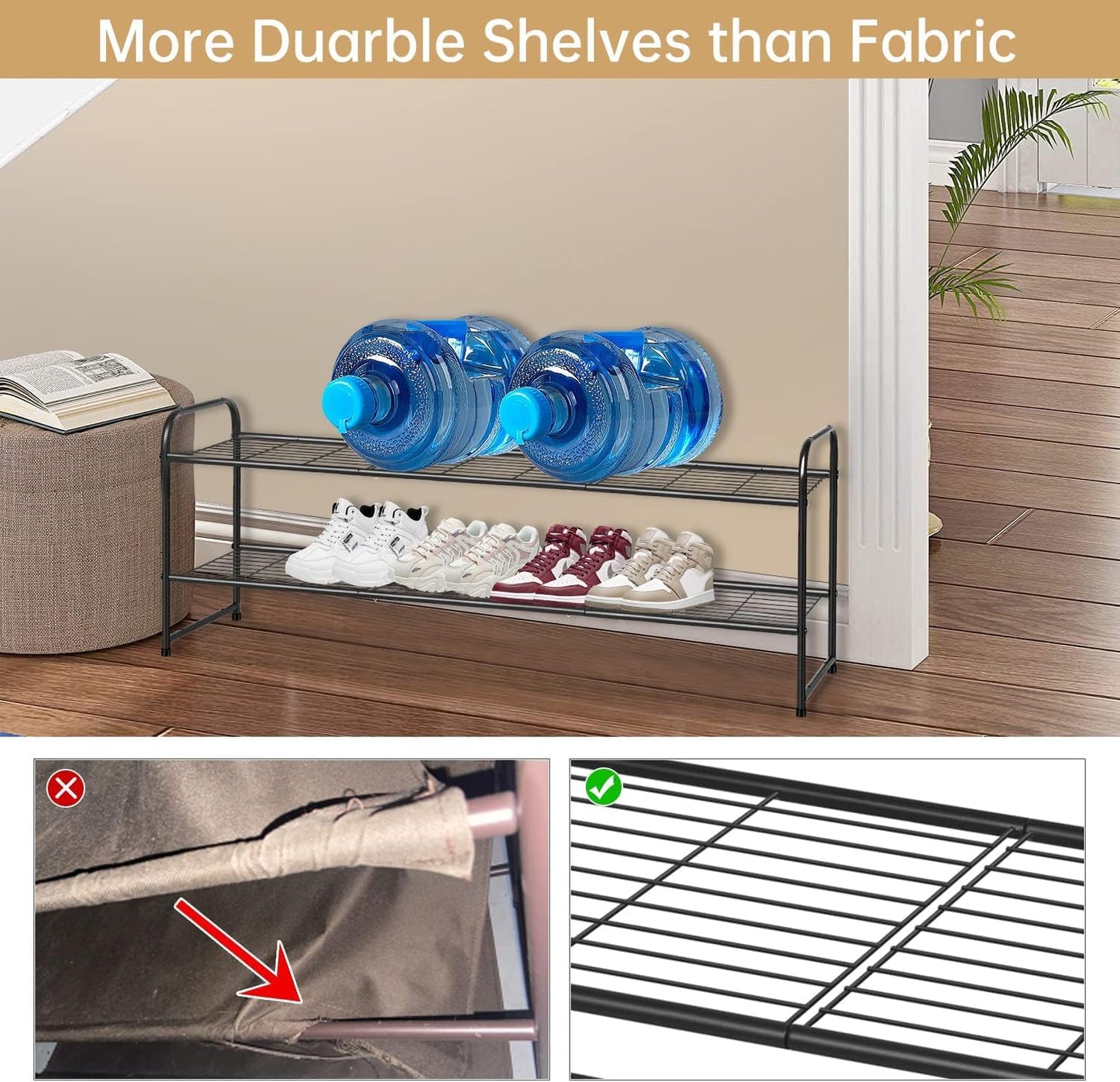 KEETDY 3-Tier Long Shoe Rack for Closet Metal Shoe Organizer for Entryway, Wide Stackable Shoe Storage Shelf with Sturdy Wire Grid for Closet Floor, Bedroom, Black