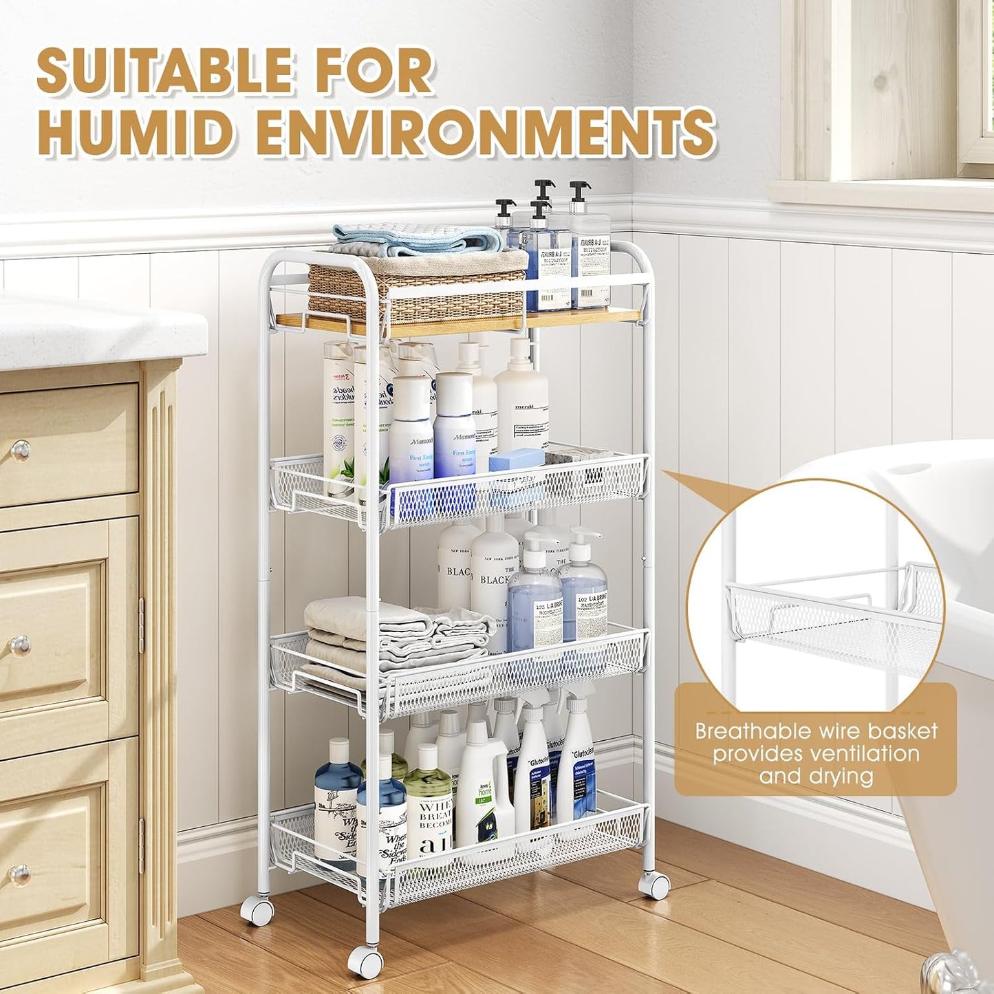 TOOLF 4-Tier Slim Rolling Cart, Metal Utility Cart, Slide Out Storage Cart with Wooden Tabletop and Mesh Baskets for Narrow Space on Kitchen Bathroom Laundry Room Bedroom Apartments Dormitory