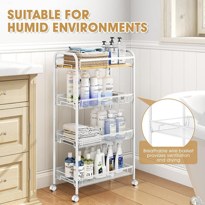 TOOLF 4-Tier Slim Rolling Cart, Metal Utility Cart, Slide Out Storage Cart with Wooden Tabletop and Mesh Baskets for Narrow Space on Kitchen Bathroom Laundry Room Bedroom Apartments Dormitory