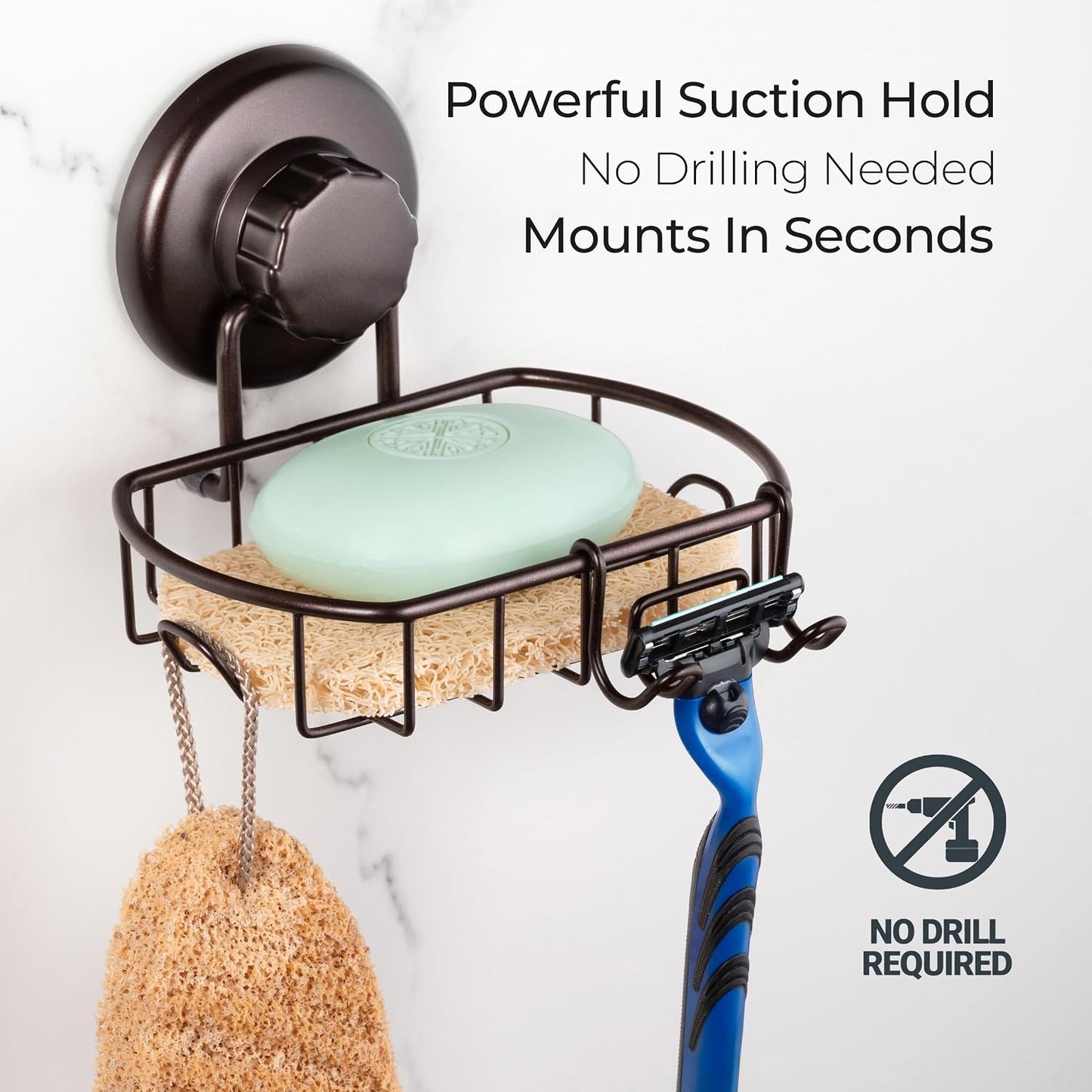 HASKO Suction Cup Soap Dish for Shower Wall, Rustproof Stainless Steel Shower Soap Holder for Bathroom with Hooks and Soap Saver, Includes Optional No Drill Adhesive Mount, Silver