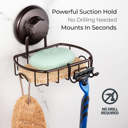HASKO Suction Cup Soap Dish for Shower Wall, Rustproof Stainless Steel Shower Soap Holder for Bathroom with Hooks and Soap Saver, Includes Optional No Drill Adhesive Mount, Silver