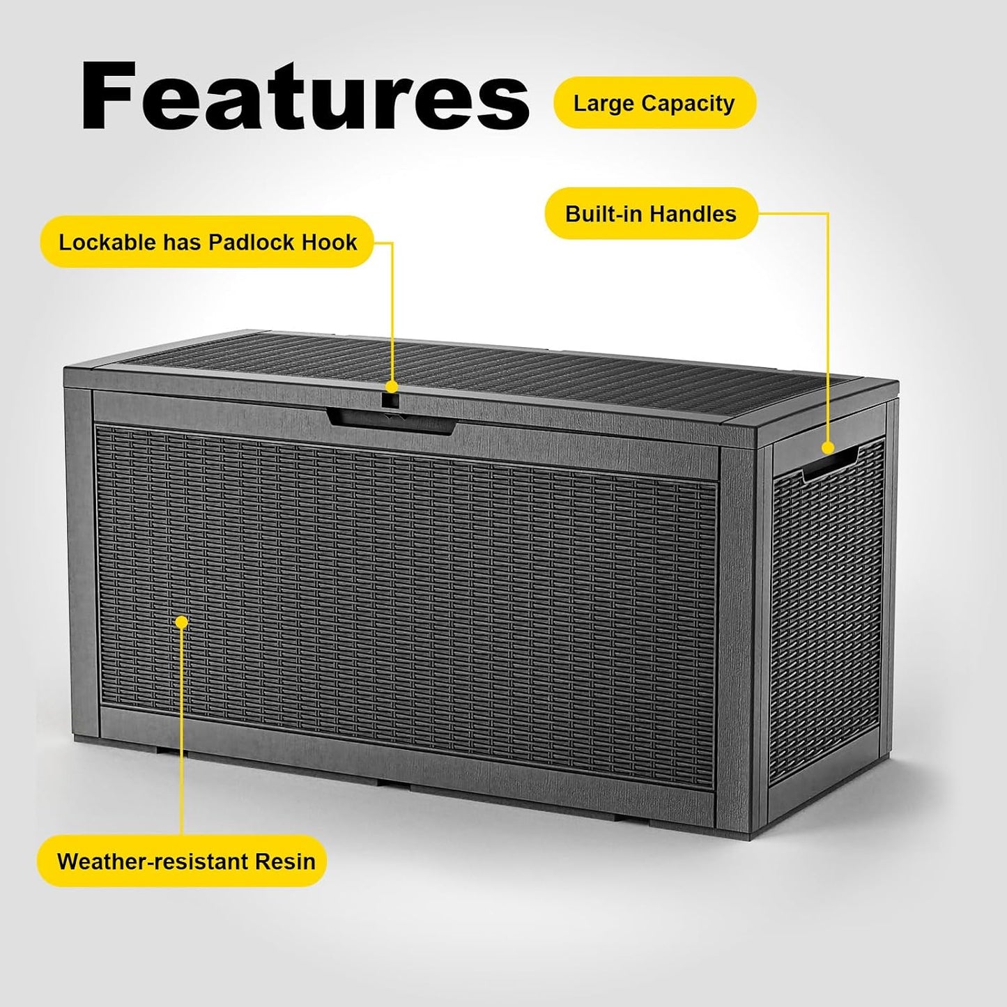 PatioZen 100 Gallon Resin Deck Box, Lockable Patio Outdoor Storage Box for Furniture, Garden Tools and Tools Storage, Waterproof Outside Storage Boxes - Black