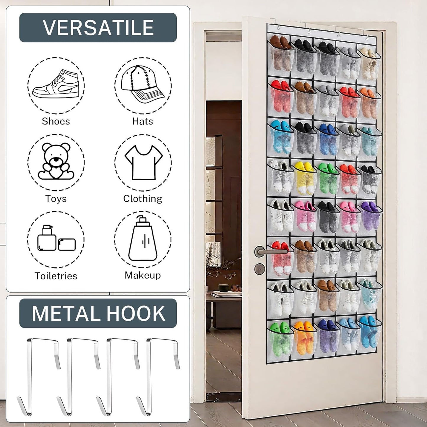 40 Large Mesh Pocket Over the Door Shoe Organizer,Hanging Shoe Rack for Door,Hualleko Shoes Organizer Hanger with Large Capacity, Shoes Storage Holder Sturdy Non-woven Fabric - Stores 20 Pairs (White)