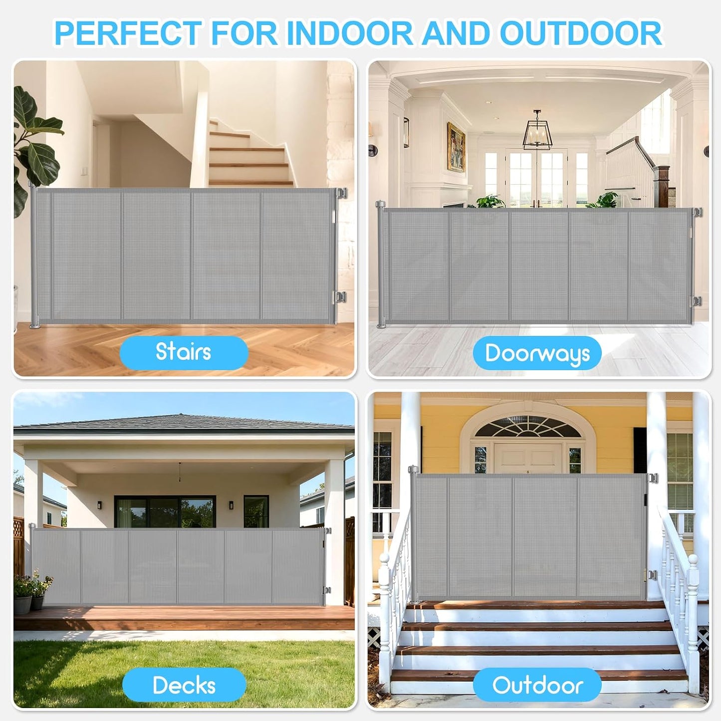 71 inch Retractable Baby Gates, EZIGO Extra Wide Baby Gate for Large Opening Extra Long Mesh Gate for Kids or Pet Dog Gate Child Safety Gate for Stairs Hallways Doorway Indoor Outdoor, Gray