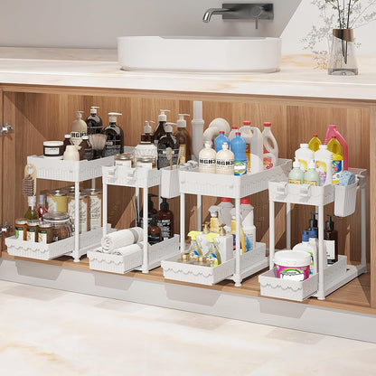 Sevenblue 4-Pack 2-Tier Under Sink Organizer with Pull Out Drawers | Multi-use kitchen & bathroom storage. Includes hanging hooks and cups. Black, space-saving cabinet design.