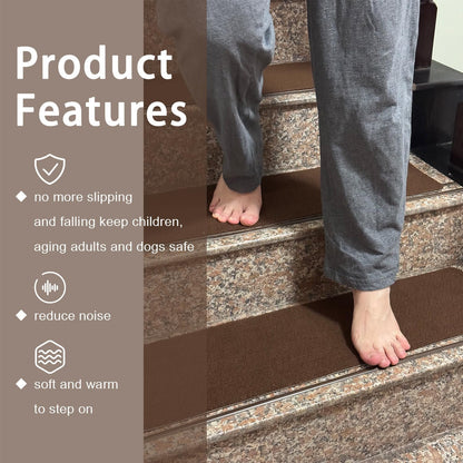 Nonslip Stair Treads Wooden Steps, 15 PCS 30" x 8" Safety Rug Slip Resistant Runner with Reusable Adhesive, Carpet Landing Mat for Family Elders Pets Soft Stair Mats Indoor (Black)