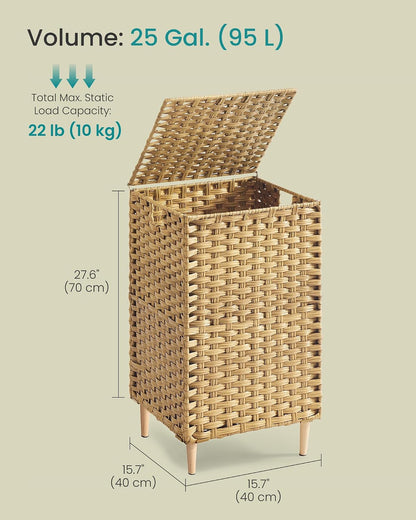 SONGMICS 3-Section Laundry Hamper with Lid, 42.2 Gal (160L) PE Rattan Laundry Basket with Removable Washable Liners, for Bedroom & Living Room, Chestnut Brown ULCB223ME01