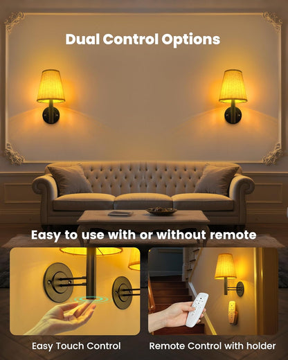 TECOMLIGHT Battery Operated Wall Sconces Lights for Bedroom Set of 2, Wireless Rechargeable LED Wall Lamp with Remote & Touch Control, Wall Mount Lighting Fixture for Living Room, Satin Gold