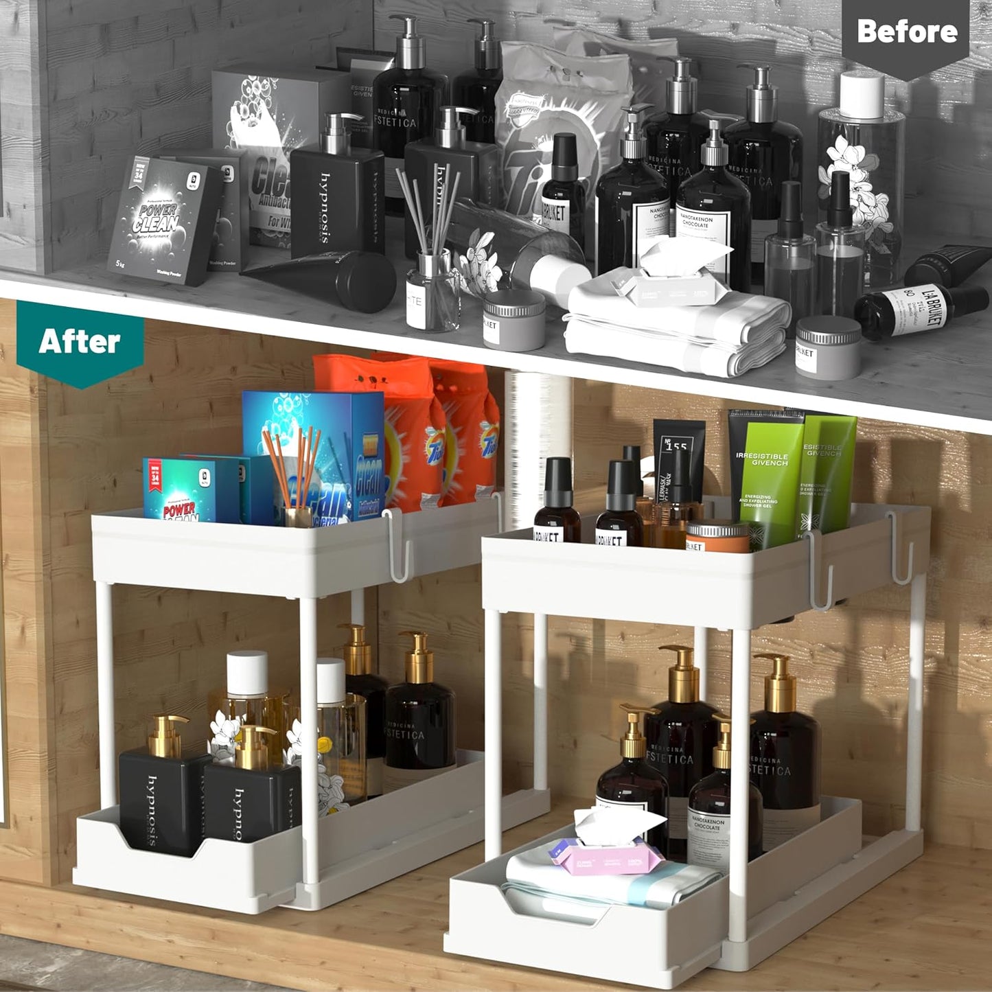 MEAFBIRD 2 Pack Under Sink Organizer, 2 Tier Bathroom Cabinet Organizer with Sliding Basket, Multi-Purpose Under Sink Organizers and Storage for Bathroom Kitchen (White 2 Pack)