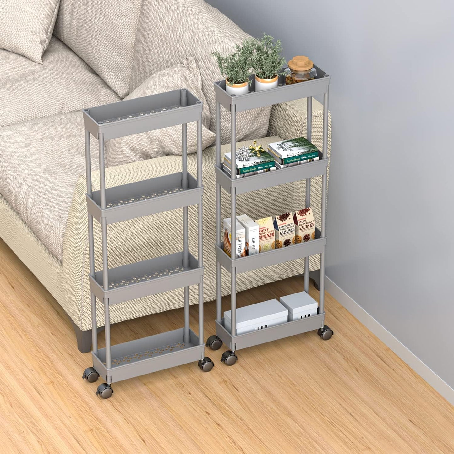 Sooyee 3 Tier Rolling Cart with Wheels, Slim Storage Cart, Under Desk Narrow Rolling Utility Cart Storage Organizer for Office Bathroom Kitchen Laundry Room Narrow Places, White, Plastic and Metal