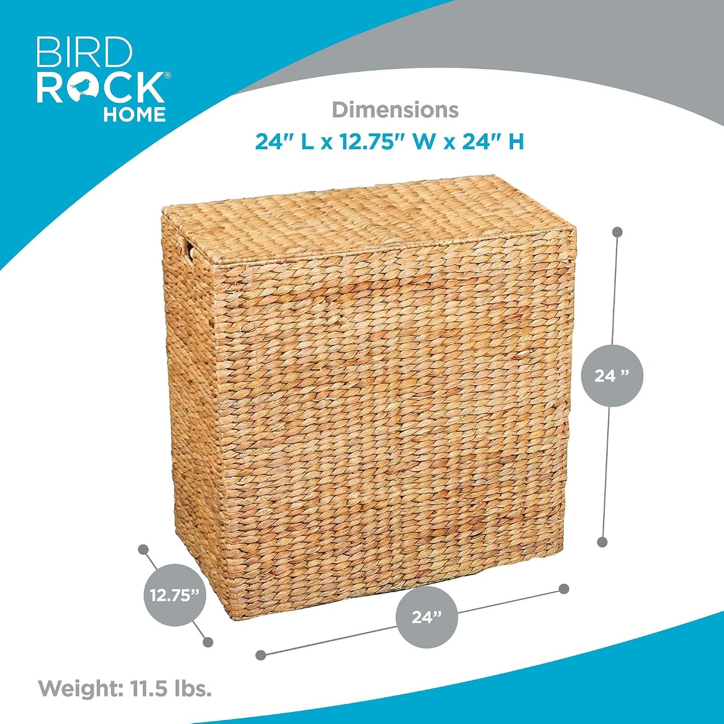 BirdRock Home Water Hyacinth Laundry Hamper Divided Interior (Espresso) | Eco-Friendly | Made of Hand Woven Hyacinth Fibers | Includes Two Removable Cotton Liners Bag | Wicker Laundry Basket with Lid