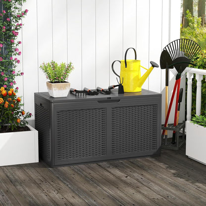 Tangkula 100 Gallon Outdoor Storage Box, Lockable Outdoor Storage Bench with 2 Smooth Wheels, Faux Rattan Surface, Waterproof Resin Deck Box for Outside Poolside Patio Garden (Brown)