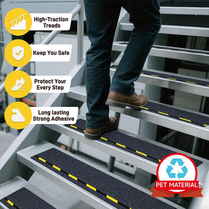 LifeGrip Anti Slip Traction Treads 10 Pack, 6"x32" with Glow in Dark Stripe, Best Grip Tape Grit Non Slip, Outdoor Non Skid Tape, High Traction Friction Abrasive Adhesive for Stairs Step