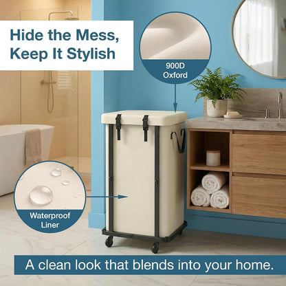 150L Laundry Basket with Wheels and Lid, Large Rolling Laundry Hamper with Removable Divider, Double Compartment Clothes Hamper, Metal Frame, White