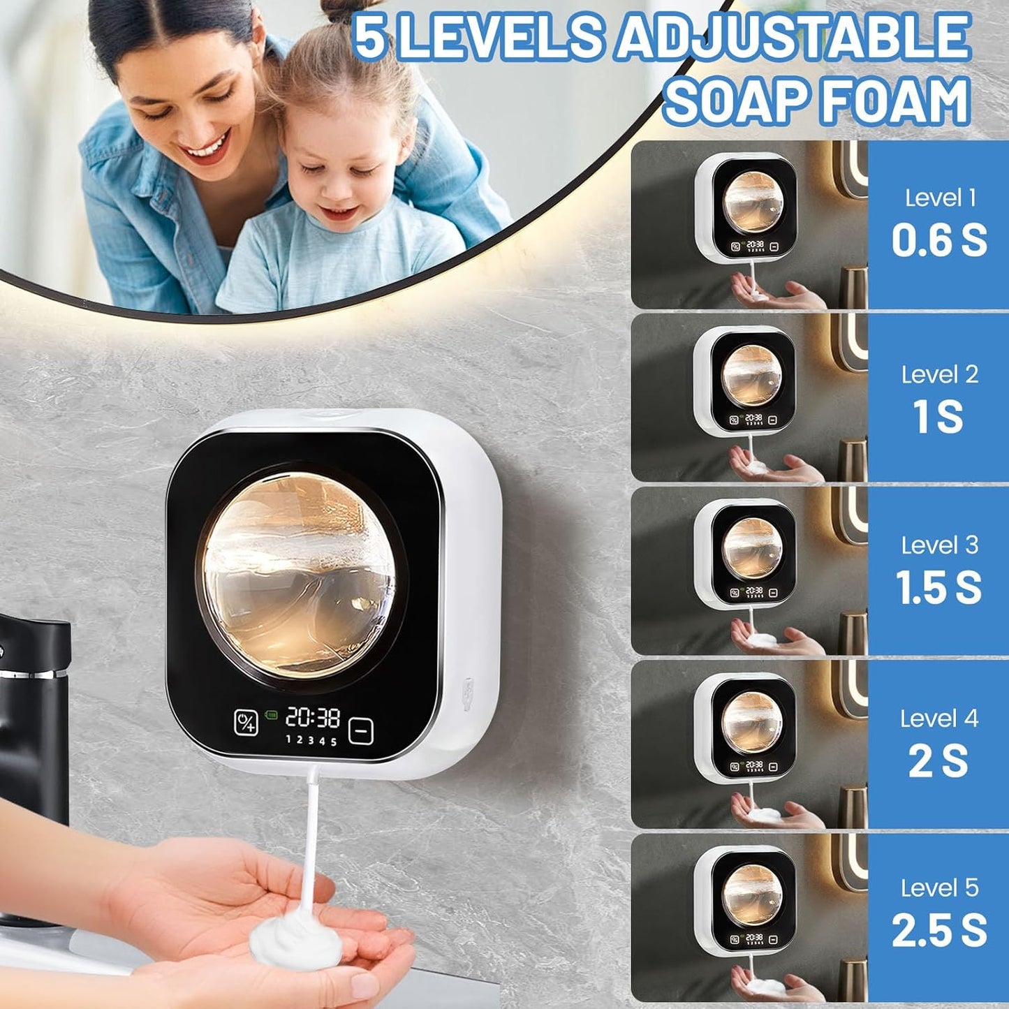 Automatic Soap Dispenser, 320ML Touchless Smart Hand Soap Dispenser, 3 Adjustable Soap Levels, Rechargeable Wall Mounted Electric Foam Soap Dispenser for Bathroom Kitchen Office (White - T1)