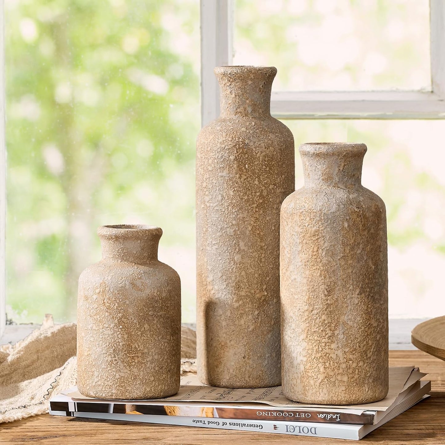 LUKA Ceramic Rustic Farmhouse Vase,Terracotta Vases for Decor,Vase Set of 3,Vases for Your Bedroom,Office,Living Room,Fireplace,Bookshelf Decor,Housewarming 10+7.5+5 Inch