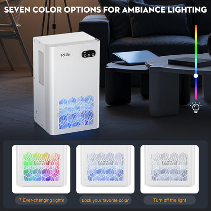 ToLife Dehumidifier for Home 95 OZ Water Tank, 1000 sq.ft Dehumidifiers for Basement Bedroom Bathroom with Auto Shut Off 7 Colors LED Light, Grey