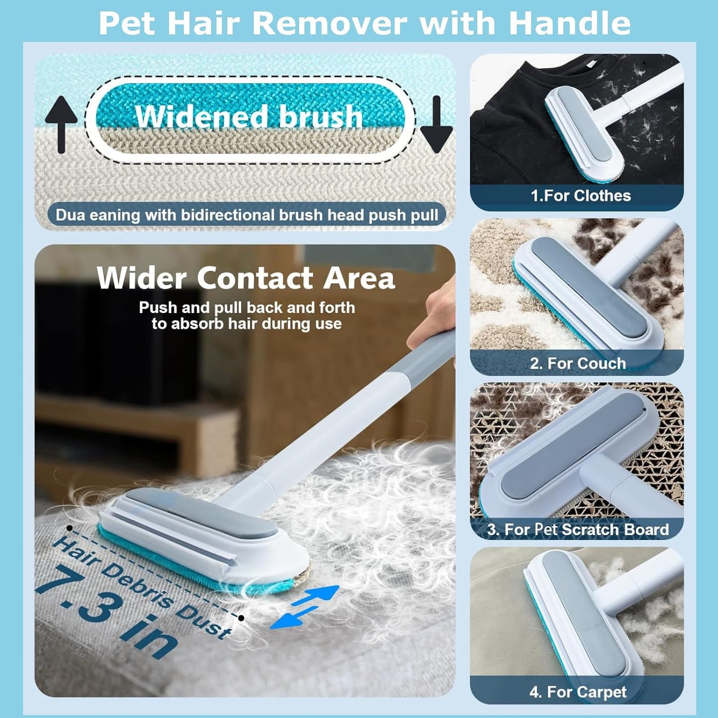 4 in 1 Window Screen Cleaning Brush with Handle, Wet and Dry Window Cleaner with Squeege, Dog and Cat Hair Remover, Suitable for Furniture, Carpet, Clothes, Bedding, Window Screen