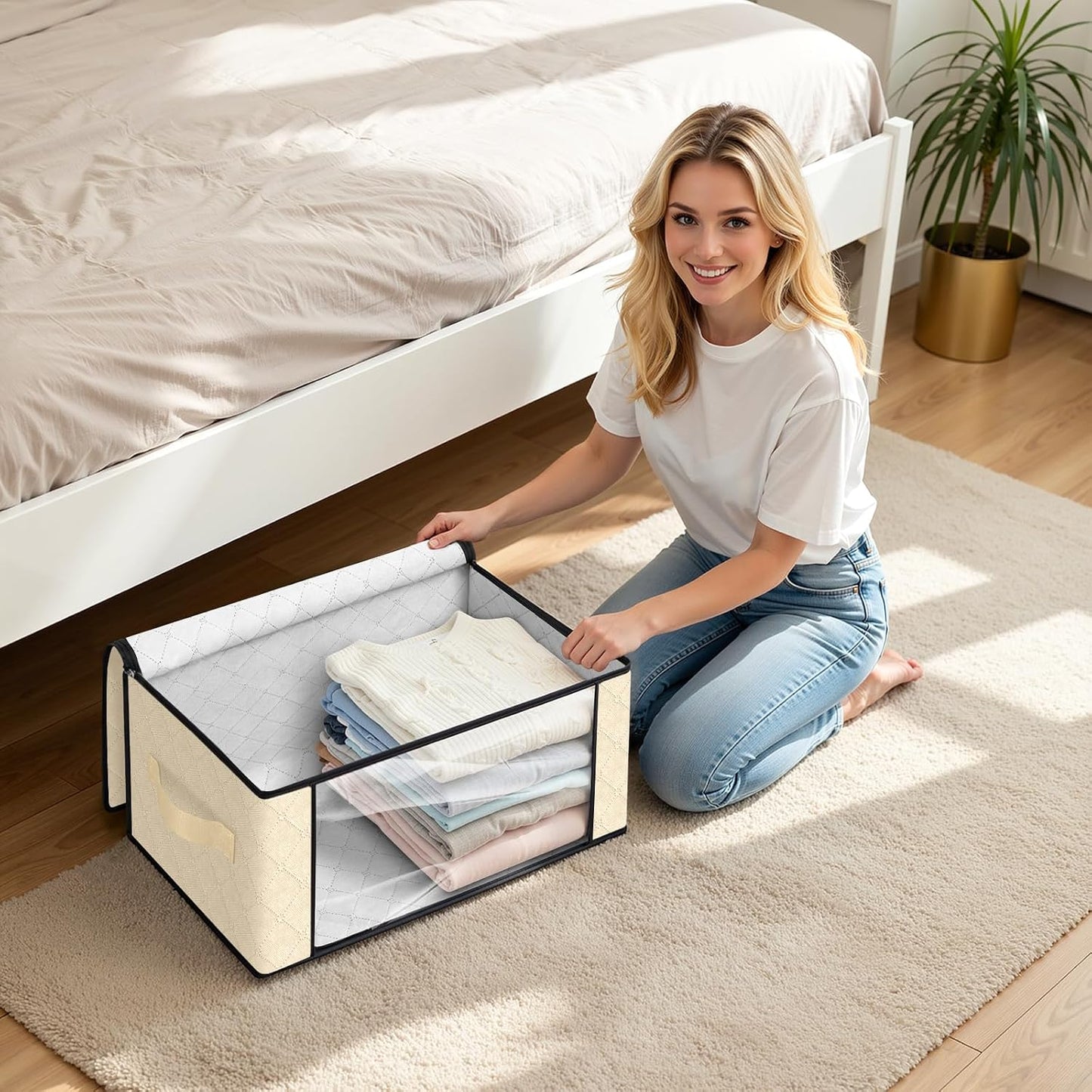 Fab totes 6 Pack Storage Bags for Clothes and Blanket, Foldable Closet Organizers and Storage with Zippers, Clear Window and Handles, Fabric Storage Bins for Sweater, Comforter, Bedding,Linen Sheets