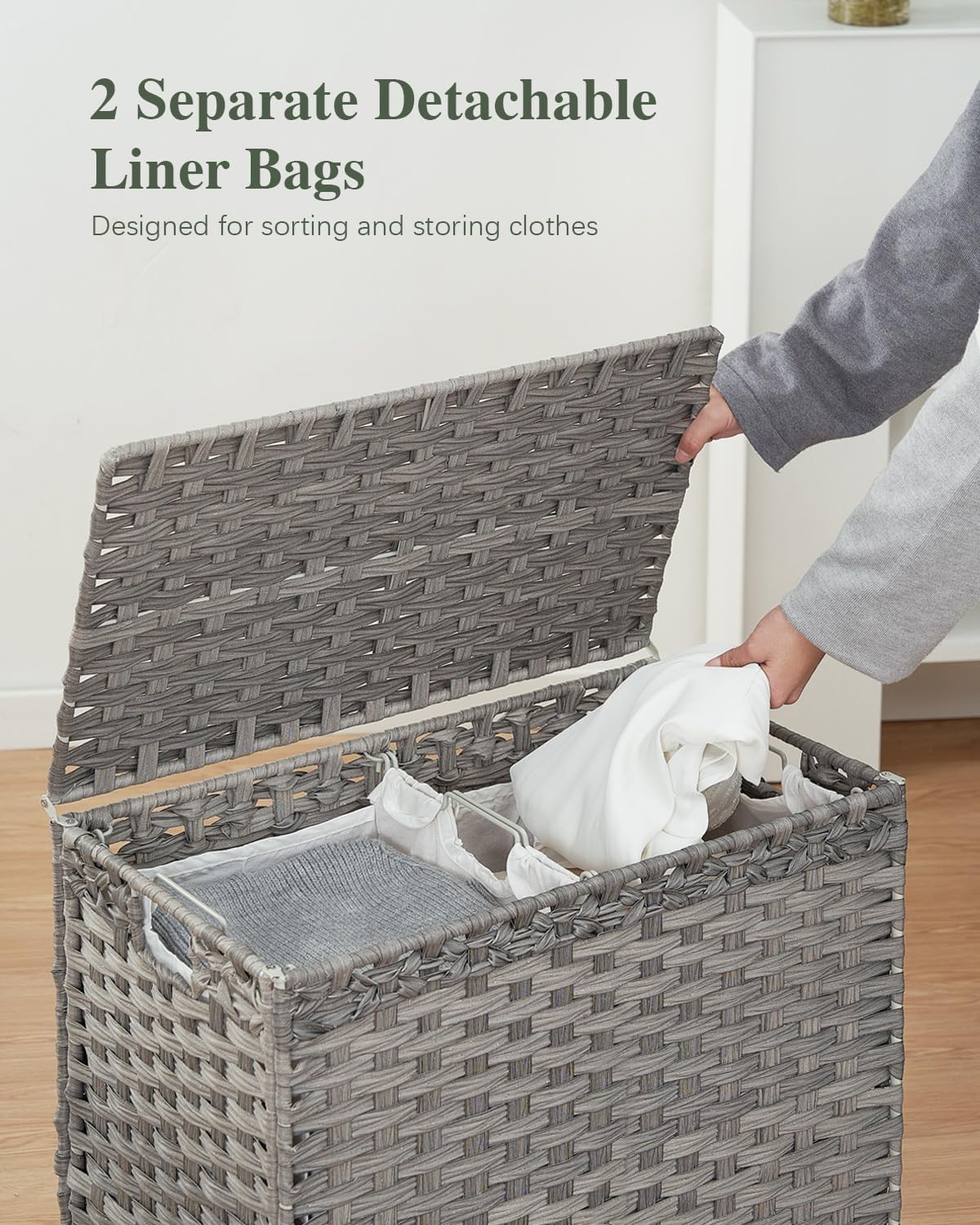 SETVSON Laundry Hamper with Lid 132 L, (35 Gallons) Clothes Hamper with Lid, Handwoven Rattan Laundry Hamper with Metal Heightened Feet, Laundry Hampers with 3 Removable Liner Bags for Laundry-Natural