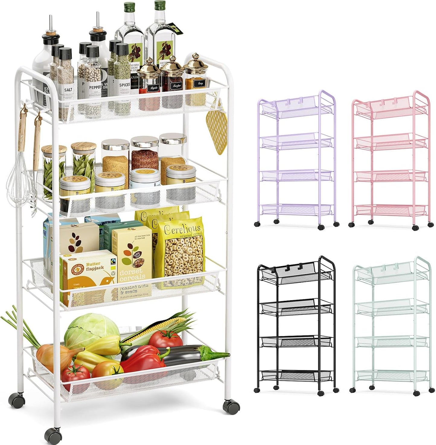 TOOLF 3-Tier Metal Rolling Cart, Mesh Wire Easy Assemble Utility Cart, Storage Trolley on Wheels with 3 Hooks, MetalStorage Shelving Units for Kitchen Bathroom Laundry Room