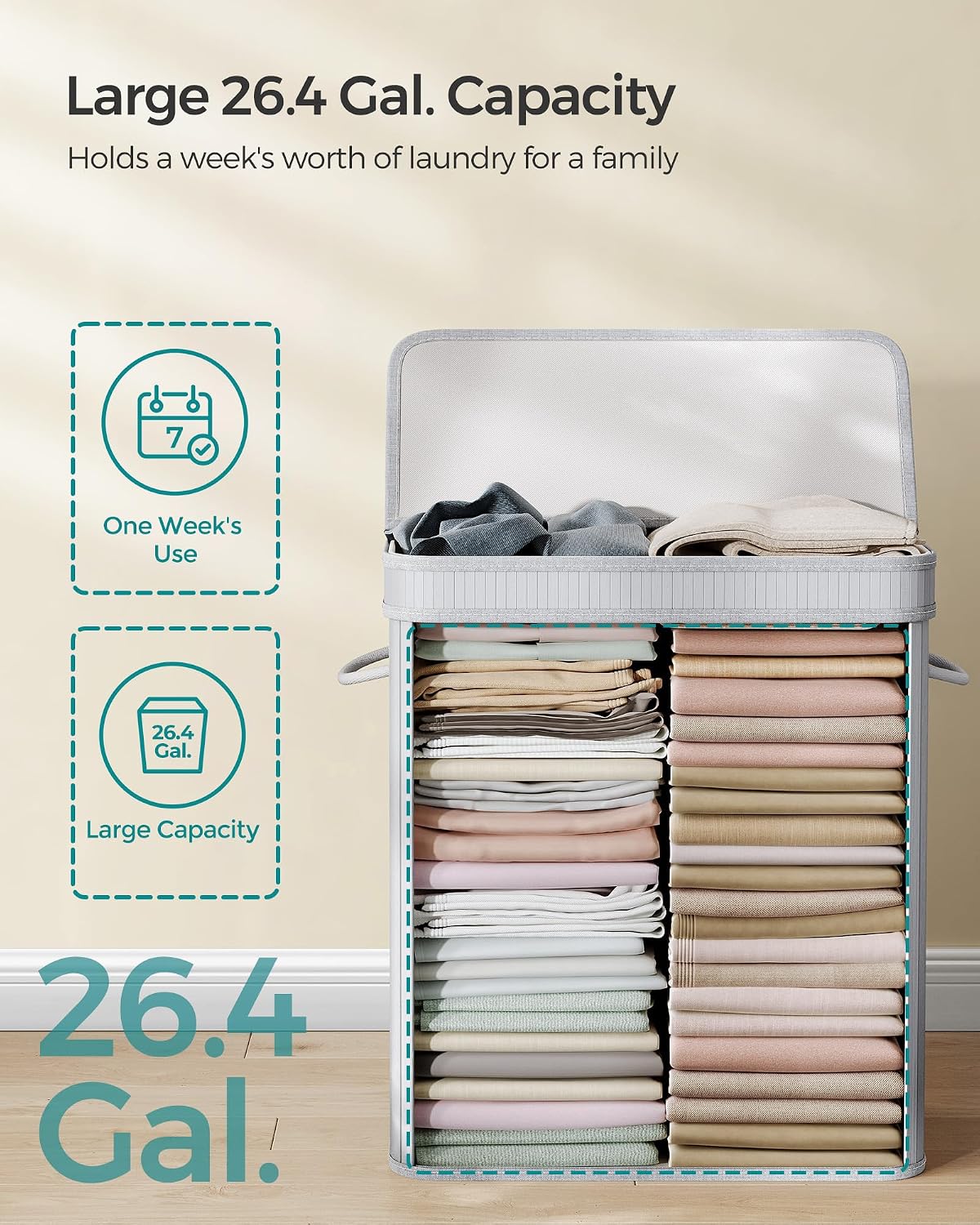 SONGMICS Laundry Hamper with Lid, Bamboo Launry Basket with Handles, Foldable Storage Basket for Laundry Room, Bedroom, 100L, Brown ULCB063K02