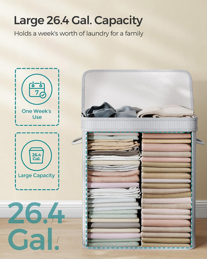 SONGMICS Laundry Hamper with Lid, Bamboo Launry Basket with Handles, Foldable Storage Basket for Laundry Room, Bedroom, 100L, Brown ULCB063K02
