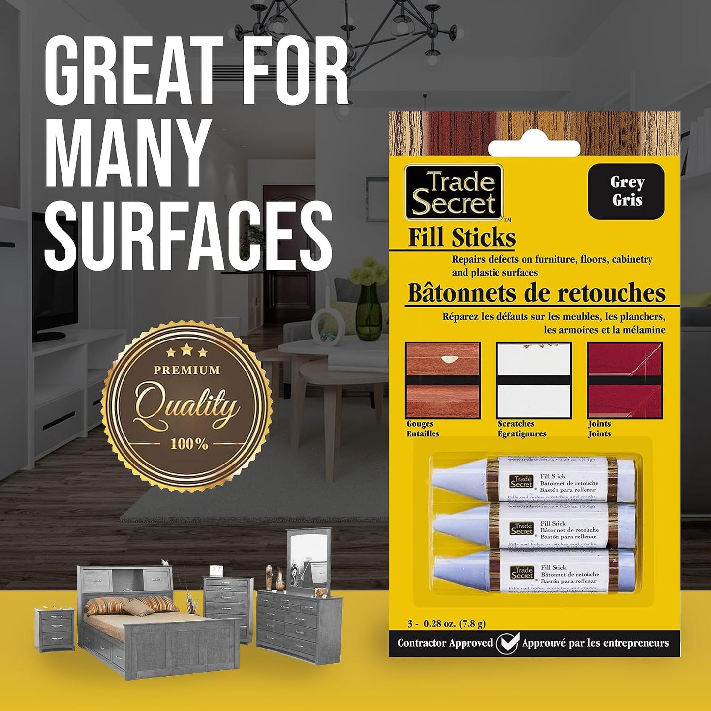 Wood Scratch Repair Fill Stick for Light Surfaces (Set of 3), Great for Touch-Ups and Repairs on Hardwoods Floors, Furniture, Cabinets and Plastic Surfaces.