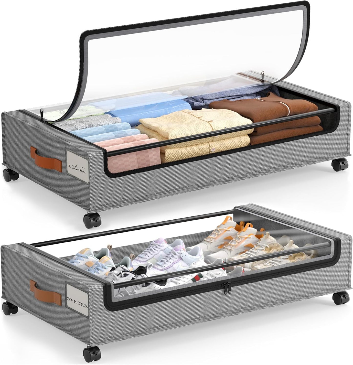 LAMU Under Bed Storage with Wheels, 2 Pack Under Bed Storage Containers with Clear Lid, XXL 60 L Underbed Storage Bins, Rolling Under Bed Metal Drawers for Clothes, Blankets, Shoes, Black