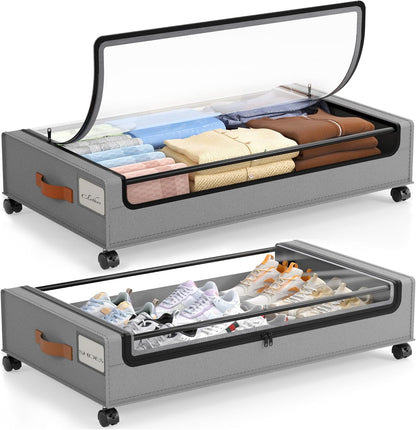 LAMU Under Bed Storage with Wheels, 2 Pack Under Bed Storage Containers with Clear Lid, XXL 60 L Underbed Storage Bins, Rolling Under Bed Metal Drawers for Clothes, Blankets, Shoes, Black