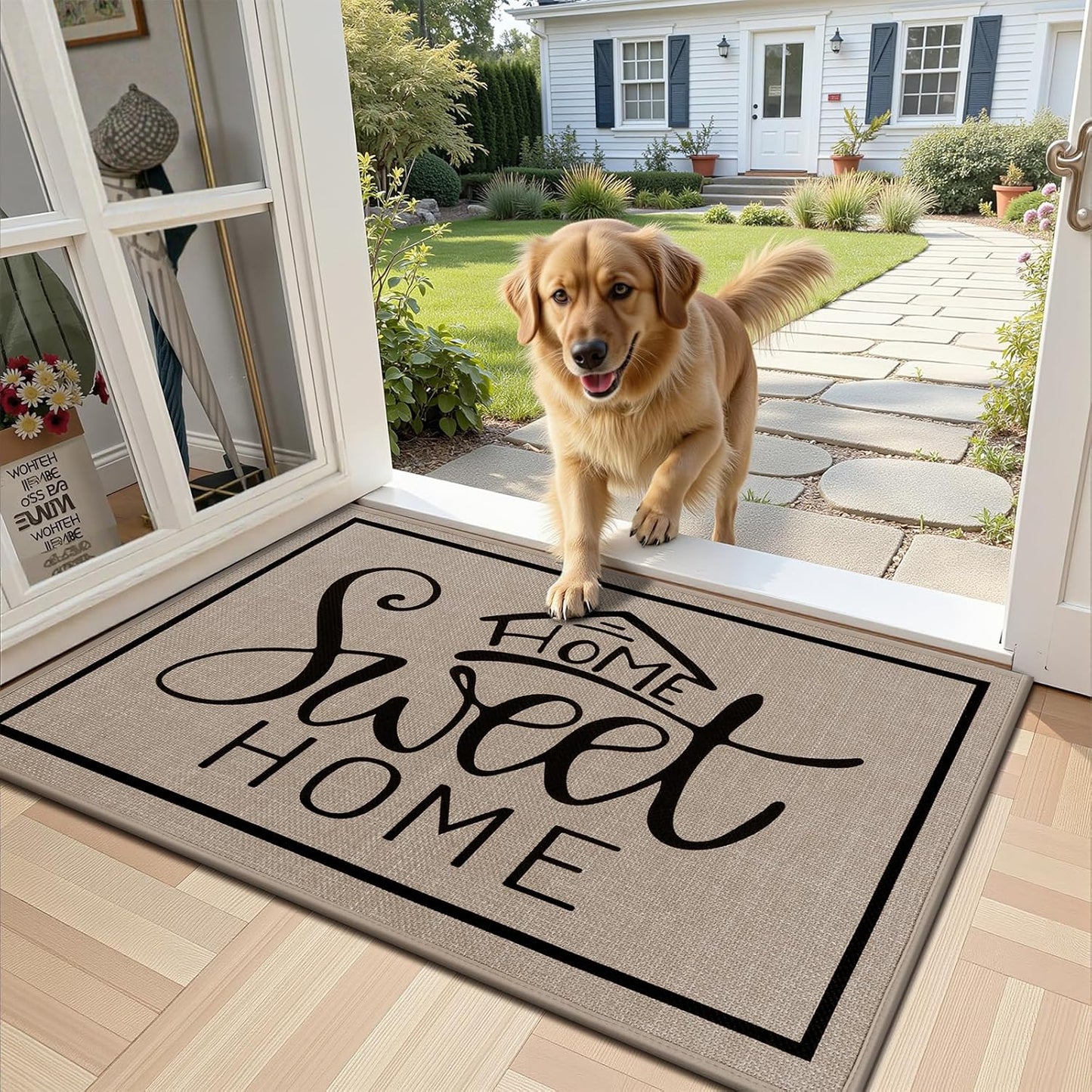 Vaukki Indoor Door Mat 17"x30", Ultra Thin Doormat Indoor Entrance, Non Slip Rubber Backed Inside Welcome Mat for Front Door, Low-Profile Washable Dirt Trapper Entry Floor Mat for Entryway, Sweet Home