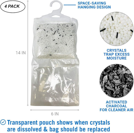 4 Pack Moisture Absorber Hanging Bags, Boat Dehumidifier with Charcoal, Unscented, Removes Dampness and Musty Odors, Ideal for Basement, Closet, Home, Car, RV, and Boating