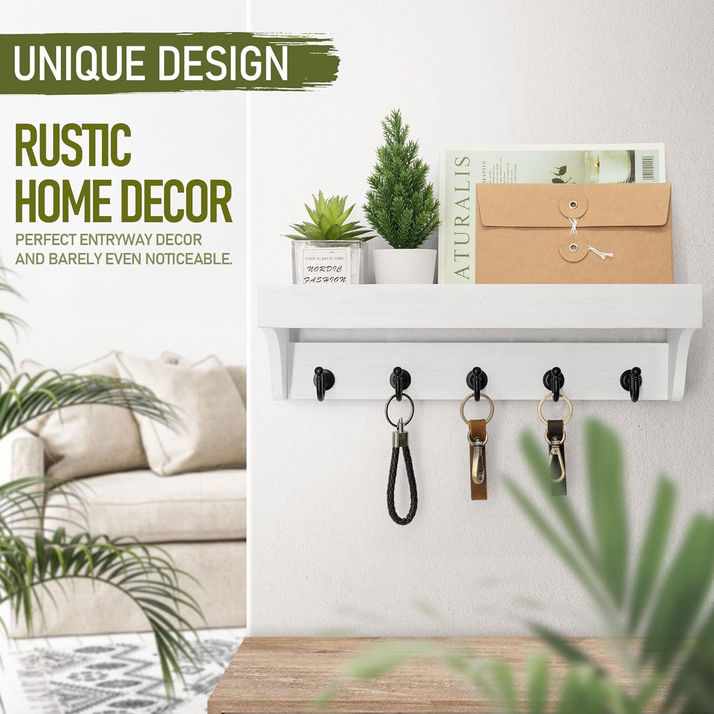 Rebee Vision Farmhouse Key Holder for Wall - Decorative Wooden Mail Organizer with 5 Rustic Key Hooks and Floating Shelf for Home Decor, Hallway, Entryway, Appartment (Retro Brown)