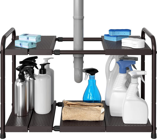 Simple Houseware Under Sink 2-Tier Heavy Duty Expandable Rack Organizer, Adjustable Width 15.75–25 Inches with 4 Shelf Height Levels, Silver