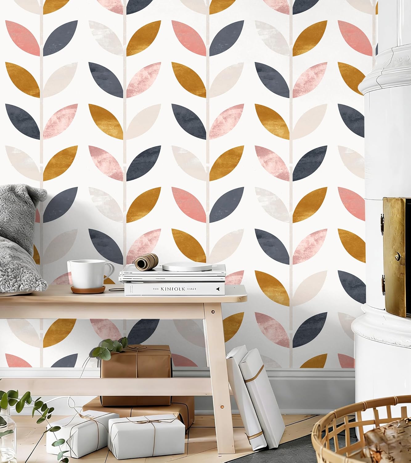 Floralplus Peel and Stick Wallpaper Boho Leaf Removable Wallpaper for Bathroom Renter Leaf Contact Paper for Locker Shelf Liner Vinyl Adhesive Wallpapers Wall Mural Decor 17.5 in x 118 in