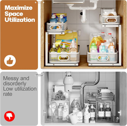 2 Pack Under Sink Organizer With Smooth Cylindrical Rail,2-Tier Pull Out Multi-Purpose Cabinet Storage for Bathroom&Kitchen,Height Adjustable,Rust-resistant Coating-White