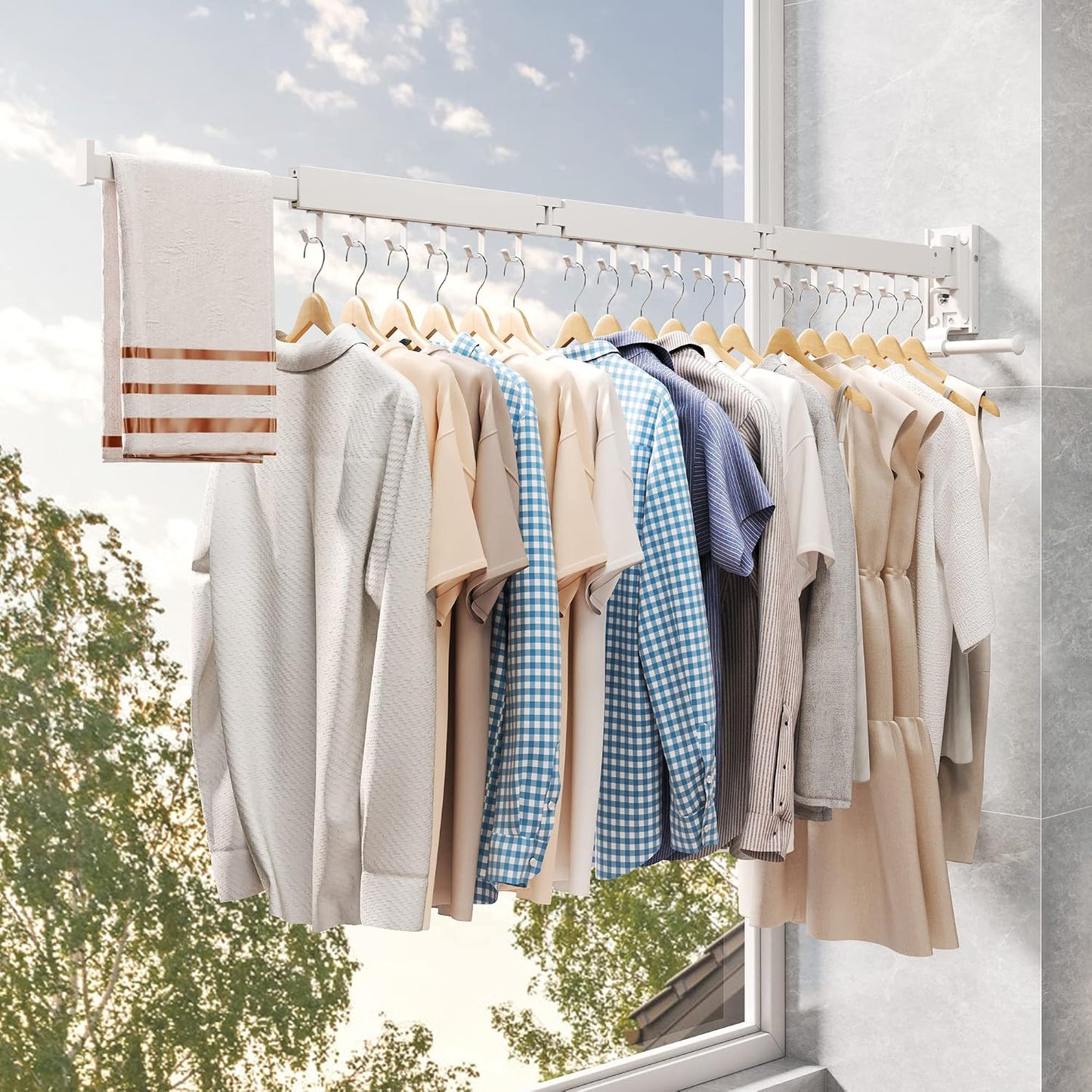 LIENAHU Wall Mounted Clothes Drying Rack, Collapsible, Folding, Retractable - Clothes Hanging Rack (Hooks, White)