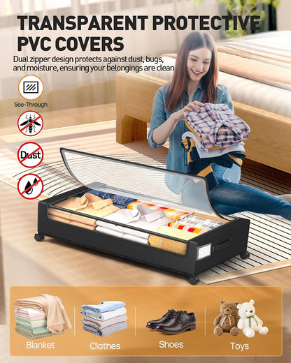 Under Bed Storage With Wheels, 2 Pack Square Containers, 60L Bins, Rolling Metal Drawer for Clothes, Blankets, Shoes
