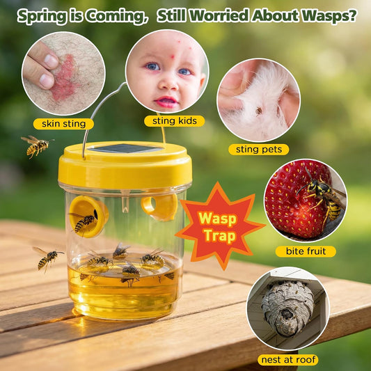 Wasp Trap Solar Powered 4 Packs, 2026 Upgrade Yellow Jacket Trap, Bee Traps Outdoor Hanging, Carpenter Bee Traps for Outside, Flying Insect Trap Reusable Hornet Catcher with LED Light
