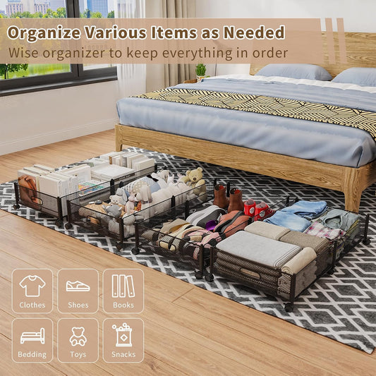 47.2'' Long Under Bed Storage on Wheels, 57.6L Large Capacity Rolling Under the Bed Storage Containers, Tool-Free Assembly Foldable Underbed Shoes Clothes Toy Drawers